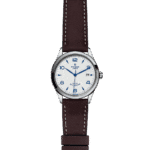 Tudor stainless steel wristwatch with white dial, brown leather strap, and elegant design.