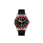 Tudor divers watch with red bezel, black dial, and stainless steel case for underwater adventures.