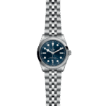 Tudor stainless steel watch with blue dial and interlocking bracelet, ideal for any occasion.