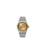 Elegant Tudor watch with bicolor stainless steel and gold design, featuring diamond markers and date window.
