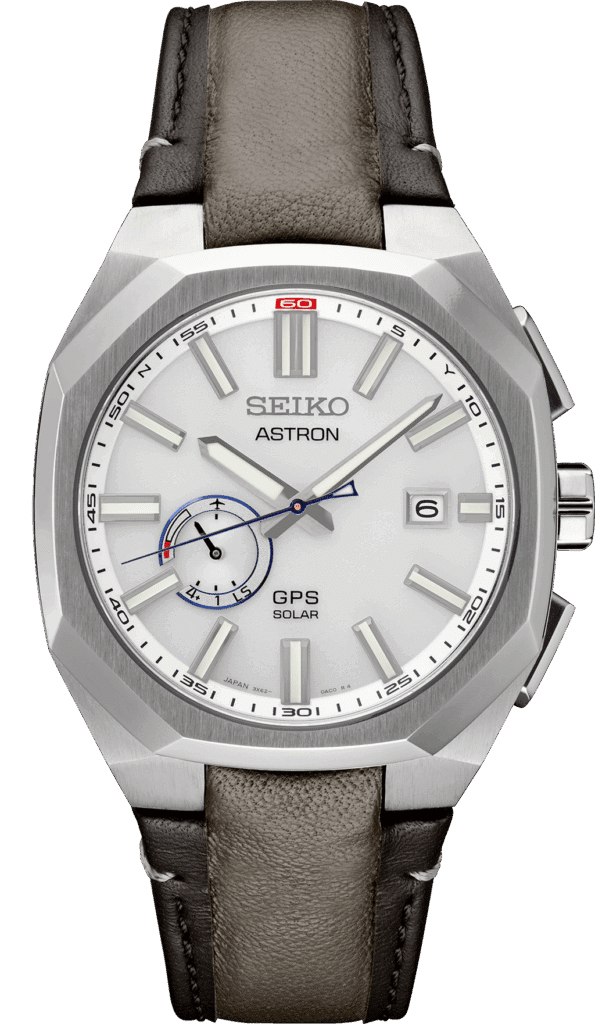 Seiko Astron GPS watch features a sleek design, octagonal stainless steel case, and stylish leather strap.