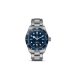 Tudor luxury diving watch features a marine blue dial and stainless steel bracelet for adventure.