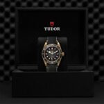 Tudor watch in elegant black box, showcasing luxury craftsmanship and vintage-inspired design.