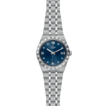 Elegant Tudor watch with blue dial, stainless steel case, and diamond hour markers.