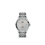 Elegant Tudor watch with stainless steel finish, silver dial, and rose gold accents.