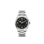 Tudor Ranger watch featuring a robust stainless steel design, black dial, and luminescent hands.