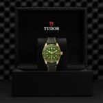 Luxurious Tudor watch with green dial in an elegant presentation box, showcasing fine craftsmanship.