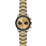 Tudor chronograph watch with gold dial, black bezel, and stylish two-tone bracelet.