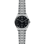 Elegant Tudor watch with textured black dial and polished stainless steel Jubilee bracelet.