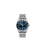 Elegant Tudor watch with blue dial and diamond markers, showcasing luxury and craftsmanship.