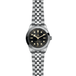Elegant stainless steel wristwatch with black dial, gold accents, and divers rotating bezel.