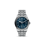 Tudor watch with blue dial, stainless steel bezel, and elegant interlocking bracelet design.