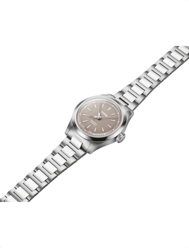 Sleek stainless steel wristwatch with taupe dial, minimalistic design, and date feature.