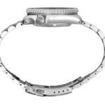 Polished stainless steel wristwatch with elegant design, featuring ridged bezel and sturdy bracelet.