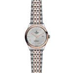 Elegant Tudor watch featuring stainless steel and rose gold design with a textured silver dial.