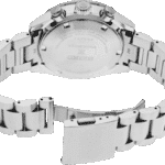Stylish silver stainless-steel watch with interlinked bracelet and advanced chronograph features.