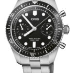 Sleek Oris dive watch featuring a black dial, chronograph functions, and stainless steel bracelet.
