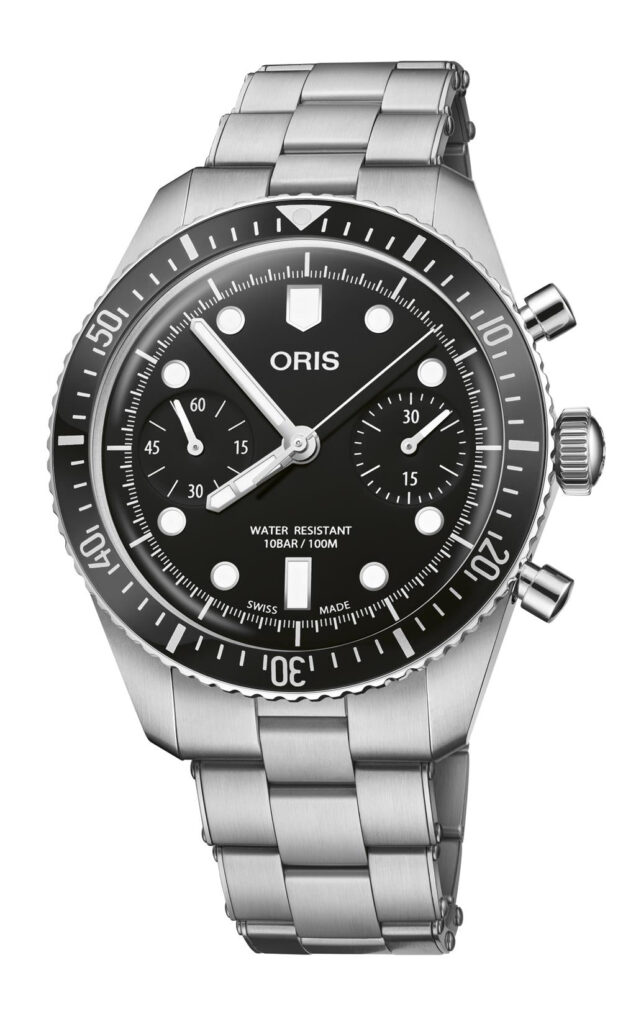 Sleek Oris dive watch featuring a black dial, chronograph functions, and stainless steel bracelet.