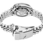 Sleek stainless steel watch with a polished bracelet and transparent case back for elegant style.