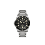 Tudor diving watch features stainless steel case, luminescent markers, and unidirectional rotating bezel.