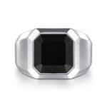 Elegant mens ring featuring a large octagonal black stone on a polished silver band.