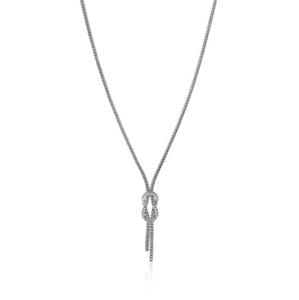 Elegant silver knot necklace with sparkling stones, perfect for both casual and formal occasions.