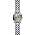 Elegant Tudor watch with silver dial, stainless steel case, and integrated bracelet design.