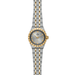 Elegant Tudor watch featuring stainless steel and gold, with a polished design and Roman numerals.