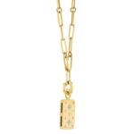 Stylish gold necklace with a rectangular pendant and gemstone accents for elegant fashion.