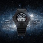 G-Shock NASA watch in cosmic backdrop with scientific equations showcases adventure and exploration themes.