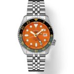 Seiko GMT watch features a vibrant orange dial, stainless steel case, and durable bracelet.