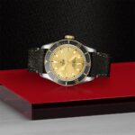 Elegant divers watch with gold dial and black leather strap on a red display stand.