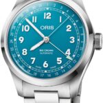 Oris Big Crown Automatic watch featuring a vibrant turquoise dial and stainless steel bracelet.