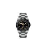 Tudor stainless steel dive watch with black dial, luminous markers, and robust design.