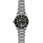 Tudor diving watch with black dial, luminescent hands, unidirectional bezel, and stainless steel bracelet.