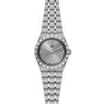 Tudor luxury watch with stainless steel case, grey dial, day/date indicators, and elegant bracelet.