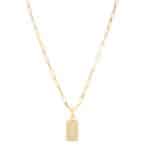 Elegant gold necklace with a rectangular pendant and sparkling stones, perfect for any occasion.