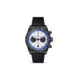 Stylish Tudor chronograph watch with black case, white dial, and blue accents for sporty elegance.