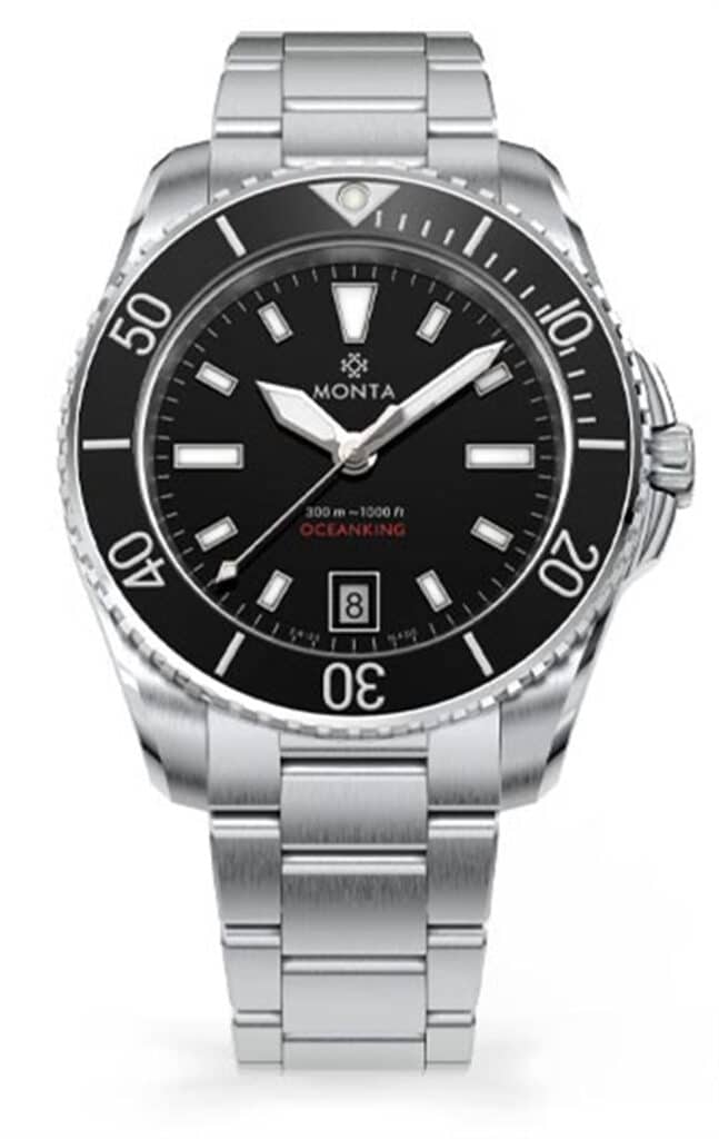 Monta Ocean King dive watch features a black dial, luminous hands, and a stainless steel bracelet.