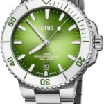 Oris Aquis diving watch features a vibrant green dial and durable stainless steel design.
