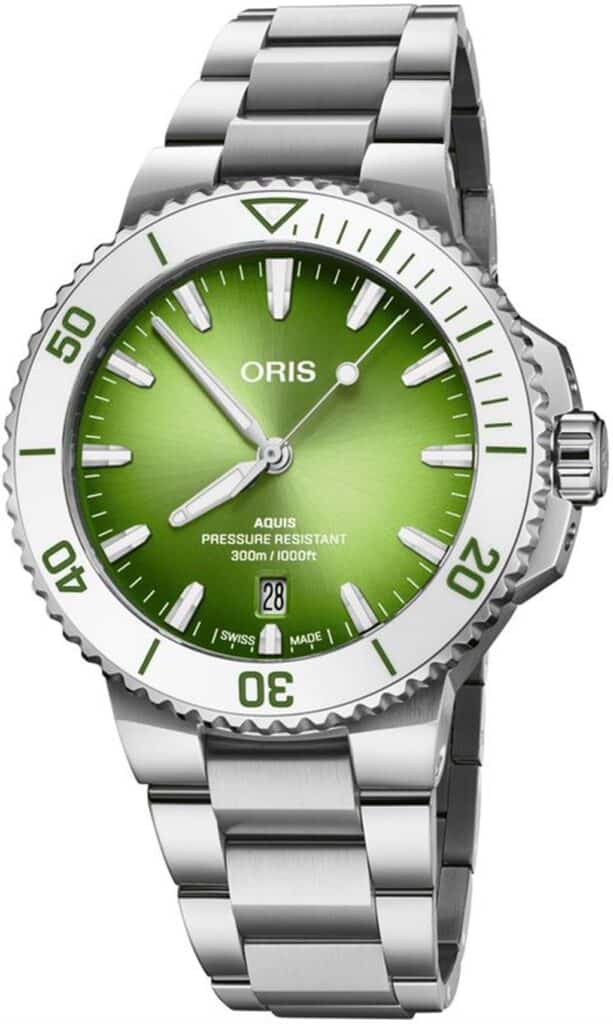 Oris Aquis diving watch features a vibrant green dial and durable stainless steel design.