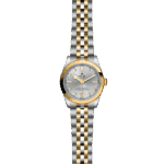 Elegant Tudor watch with gold and stainless steel, featuring a silver sunburst dial and chronometer certification.