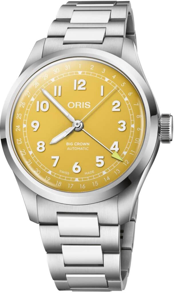 Bright yellow dial Swiss automatic watch with bold numerals and stainless steel bracelet for style.