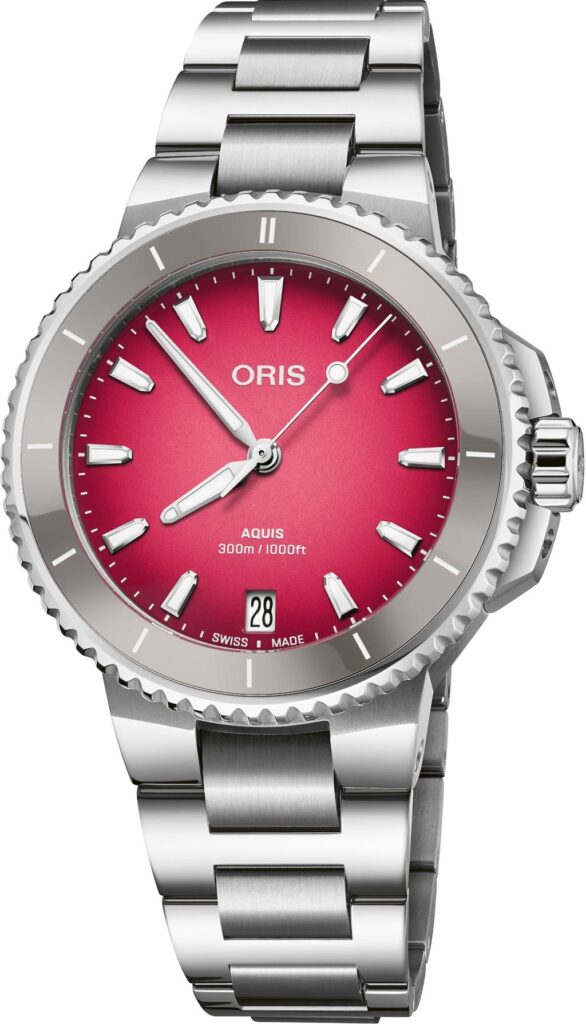 Oris Aquis watch features a red dial, stainless steel case, and durable design for divers.