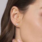 Elegant pearl earrings on a womans ear, highlighting beauty and sophistication in close-up.