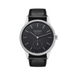 NOMOS Glashütte elegant black watch with stainless steel case and leather strap, showcasing minimalist design.