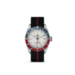 Stylish Tudor watch with bi-colored bezel, stainless steel case, white dial, and sporty textile strap.
