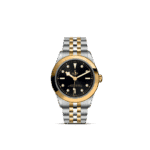 Elegant Tudor watch with black dial, gold accents, and stainless steel bracelet for sophisticated style.