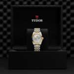 Elegant Tudor watch in luxury box, showcasing sophisticated design and exquisite craftsmanship.