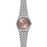 Elegant Tudor watch with stainless steel, rose gold dial, diamond markers, and sporty design.